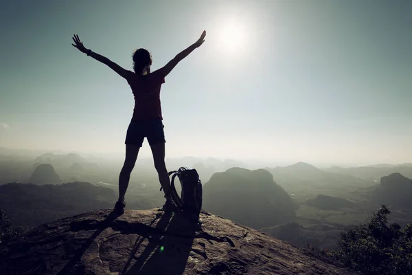 Mujer exitosa de pie en la cima de la montaña — Foto de Stock