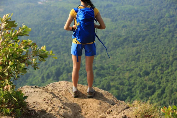 Jovem mulher de pé no pico da montanha — Fotografia de Stock