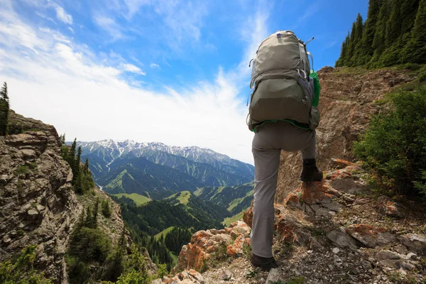 Žena s backpac na vrchol hory — Stock fotografie