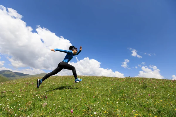 산 풀밭에 점프 하는 여자 — 스톡 사진