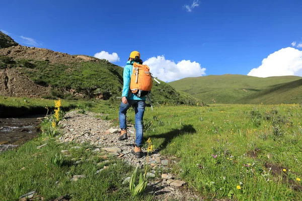 Dağlarda yürüyüş yapan genç bir kadın.