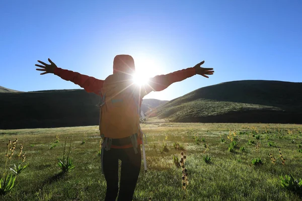 Mujer joven de pie en la montaña — Foto de Stock