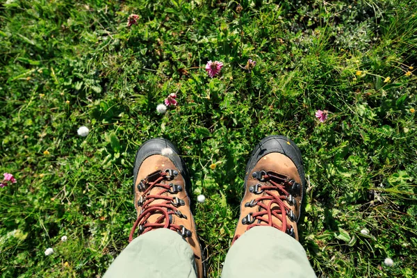 Yeşil otlak üzerinde duran uzun yürüyüşe çıkan kimse bacaklar  