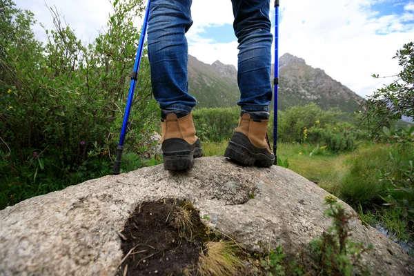 Jeune Femme Randonneuse Debout Sur Pierre Dans Les Montagnes — Photo