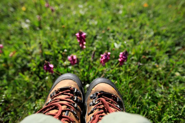 Benen in laarzen op bloeiende grasland — Stockfoto