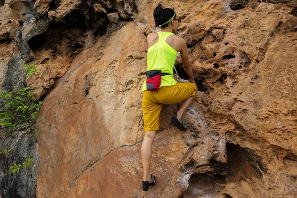 Young Woman Climbing Cliff — Stock Photo, Image