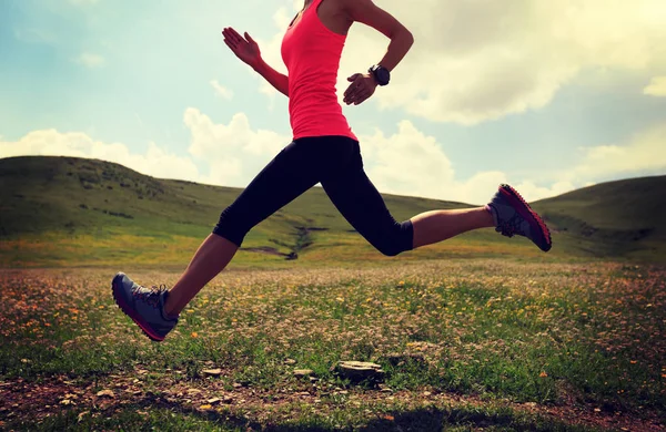 Jovem mulher correndo em pastagens — Fotografia de Stock