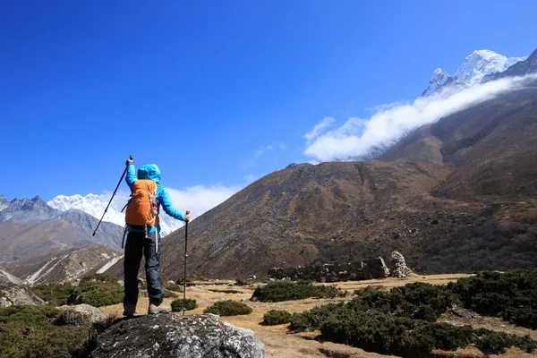 Vrouw Backpacker Trektochten Himalaya Bergen — Stockfoto