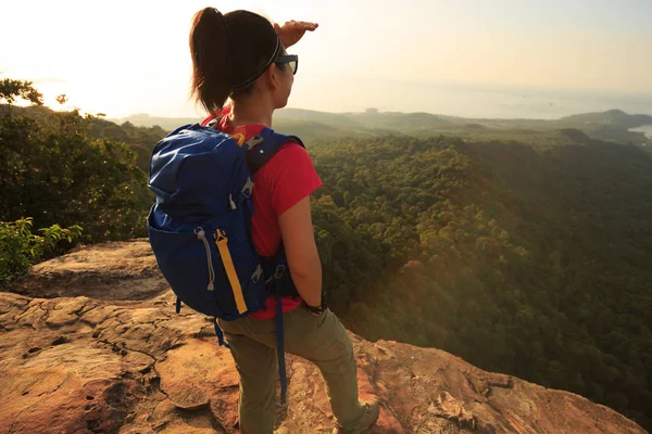 Backpacker Genießen Die Aussicht Vom Gipfel Des Berges — Stockfoto