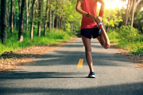 Joven Mujer Fitness Calentándose Antes Correr Por Sendero Forestal —  Fotos de Stock