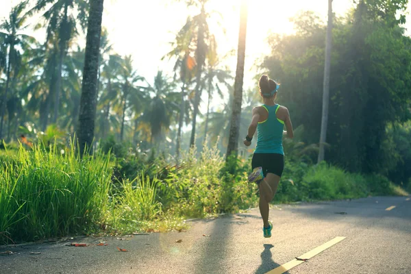 Young Fitness Woman Running Tropical Forest Trail — Stock Photo, Image