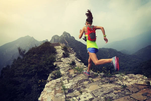 Jonge Vrouw Lopen Bij Grote Muur Top Van Berg — Stockfoto