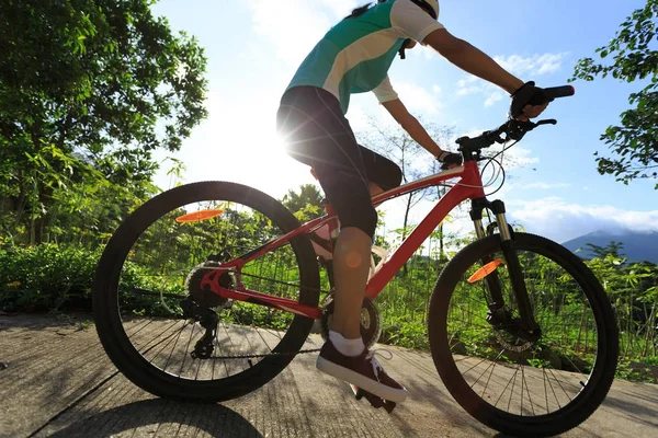 Ung Kvinna Cyklist Cykla Sunrise Skogsstig — Stockfoto