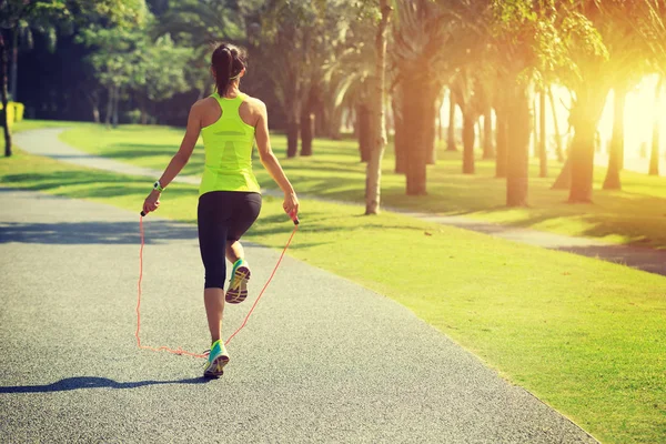 Young Fitness Woman Jumping Rope Road Park — Stock Photo, Image