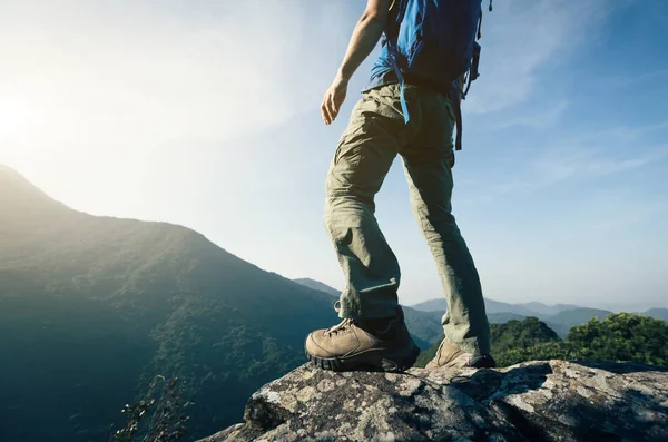 Framgångsrika Kvinnliga Backpacker Njuter Utsikten Från Bergets Topp — Stockfoto