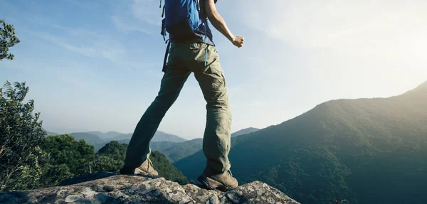 Succesvolle Vrouwelijke Backpacker Genieten Van Het Uitzicht Vanaf Bergtop — Stockfoto