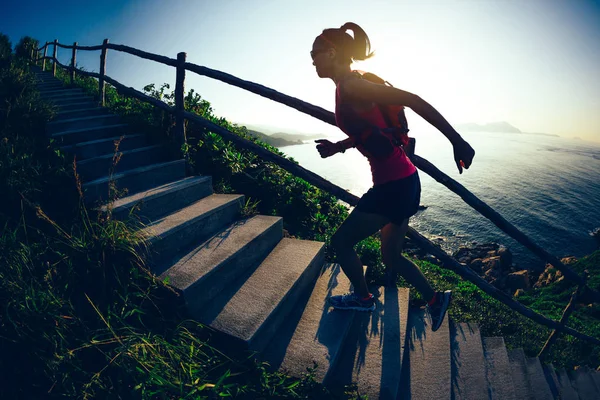 Young Woman Running Upstairs Seaside — Stock Photo, Image