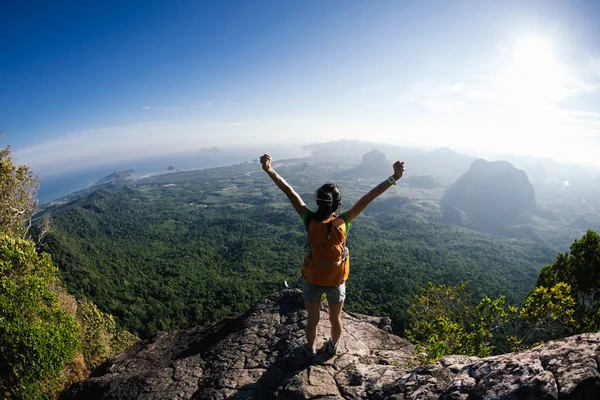 Tifo Giovane Donna Con Zaino Piedi Sulla Cima Della Montagna — Foto Stock