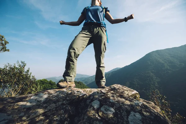 Επιτυχημένη Γυναίκα Πεζοπόρος Που Στέκεται Στην Άκρη Του Βουνού — Φωτογραφία Αρχείου