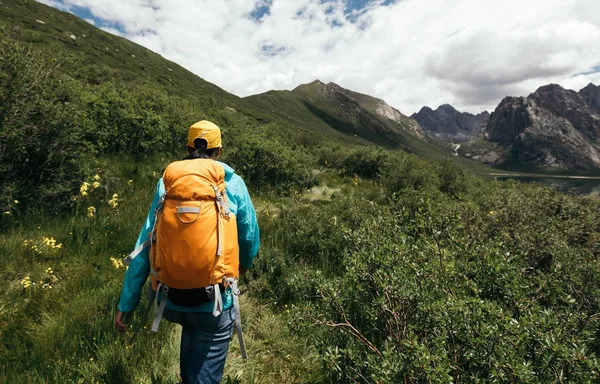 標高の高い山の中歩いてバックパックを持つ若い女性 — ストック写真