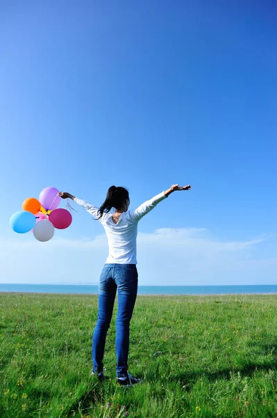 Young Asian Woman Balloons Green Meadow — Stock Photo, Image