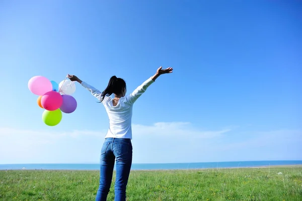 Young Asian Woman Balloons Green Meadow — Stock Photo, Image