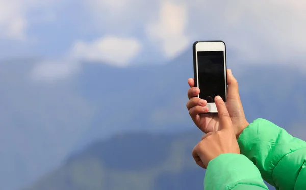 Successful Woman Backpacker Taking Selfie Mountain Peak — Stock Photo, Image