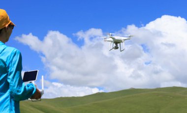 drone açık havada uçan ile kadın fotoğrafçı