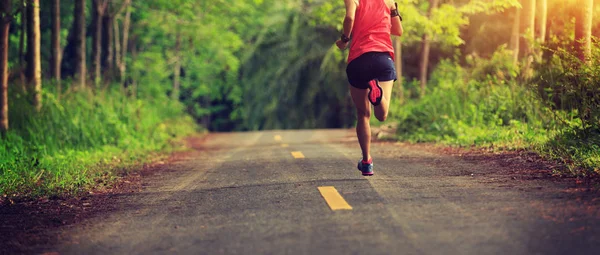 Fitness Vrouwelijke Trail Runner Die Het Bos Loopt — Stockfoto