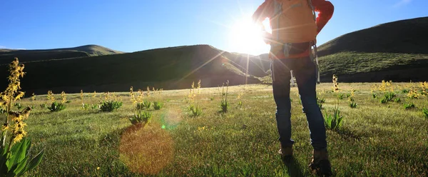 Een Backpacken Vrouw Wandelen Bergen Van Zonsopgang — Stockfoto