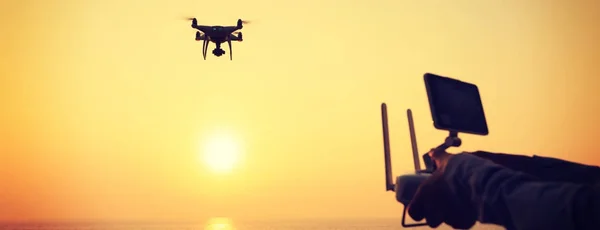 Woman Holding Remote Control Flying Drone Which Taking Photo Sunrise — Stock Photo, Image