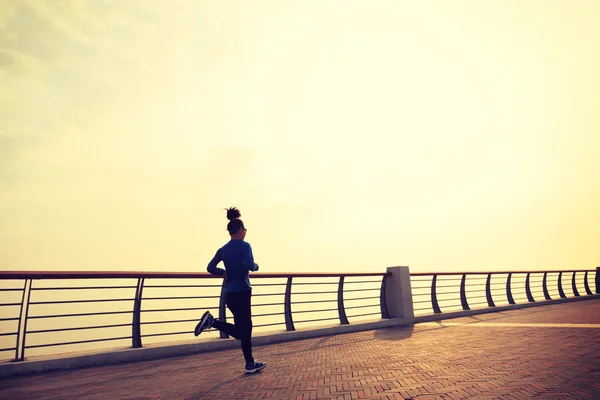 Concepto Estilo Vida Saludable Corredor Femenino Corriendo Orilla Del Mar —  Fotos de Stock