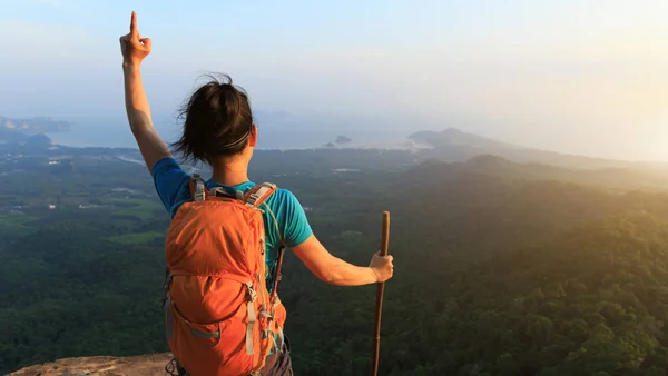 Exitoso Excursionista Pie Borde Del Acantilado Cima Montaña — Foto de Stock