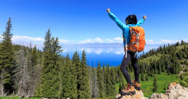successful Hiker with outstretched arms standing at cliff edge on mountain top