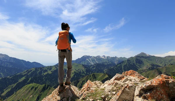 Úspěšné Turista Stojí Okraji Útesu Vrchol Hory — Stock fotografie