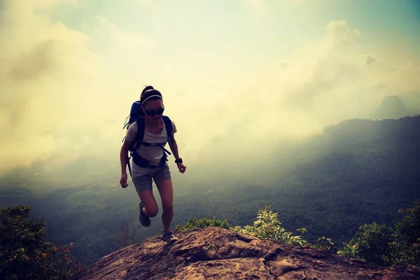 Sukces Młodej Kobiety Podbiegł Krawędzi Klifu Najwyższej Góry — Zdjęcie stockowe