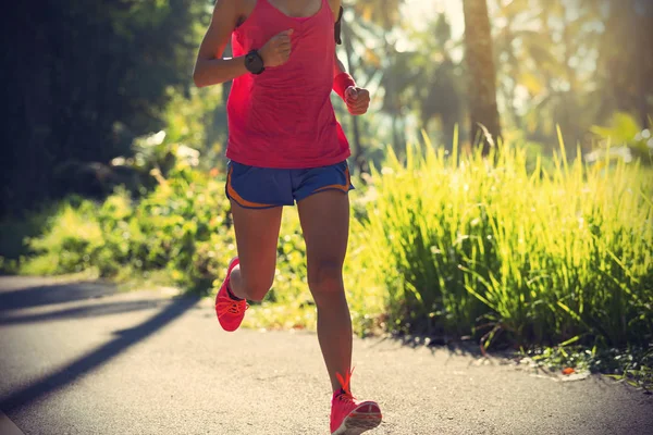 Fitness Young Woman Running Morning Tropical Forest Trail — Stock Photo, Image