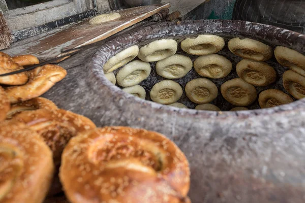 Cuisson Naan Pains Plats Dans Poêle Traditionnel Xinjiang Chine — Photo