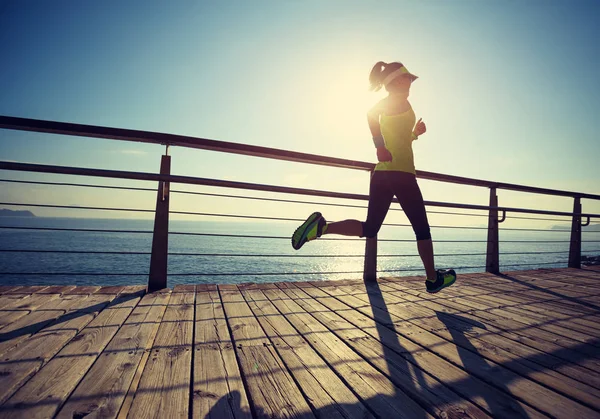 Sporty Fitness Woman Running Seaside Boardwalk Sunrise — Stock Photo, Image