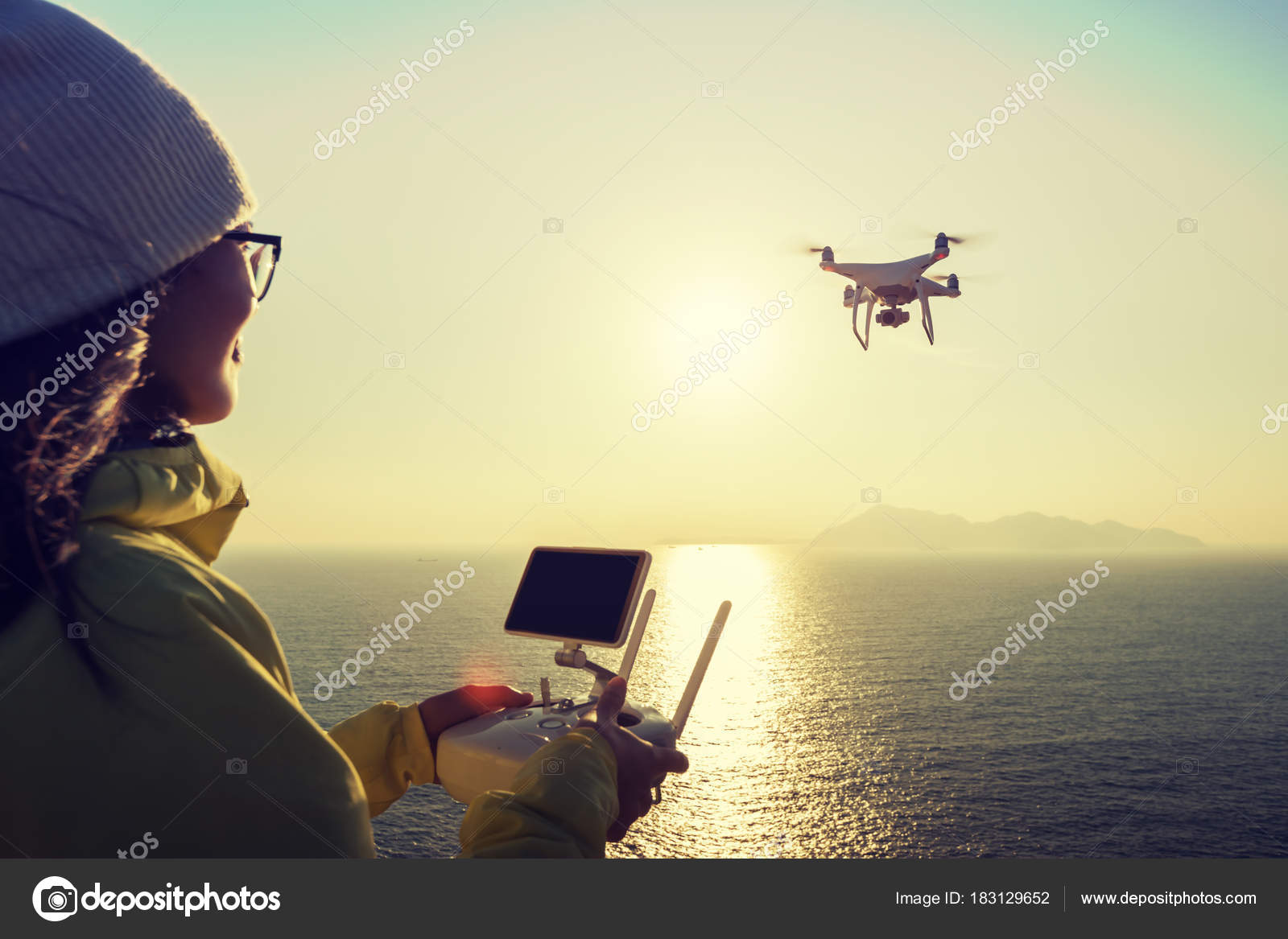 Woman Holding Remote Control Flying Drone Which Taking Photo Sunrise