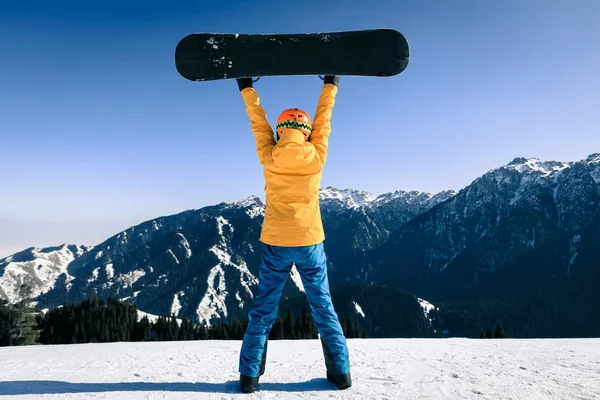 Boldog Snowboardos Snowboard Téli Hegy Tetején — Stock Fotó