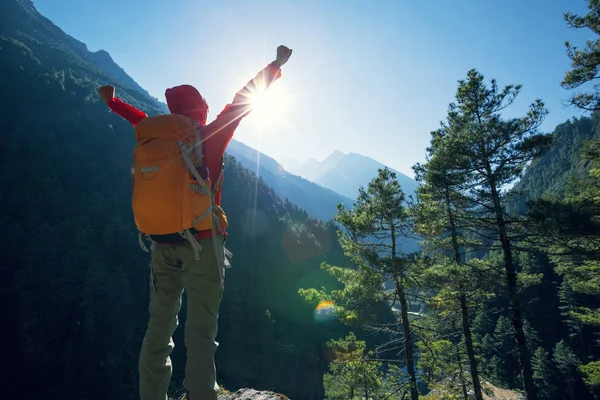 Mujer Feliz Excursionista Disfrutando Del Amanecer Las Montañas Del Himalaya —  Fotos de Stock