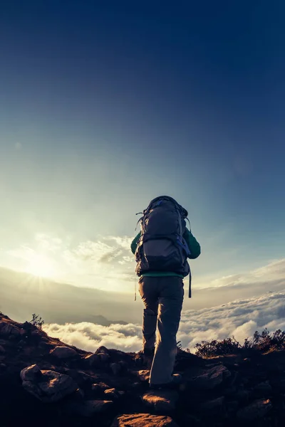 Successful Hiker Enjoying Beautiful Landscape Mountain Top — Stock Photo, Image