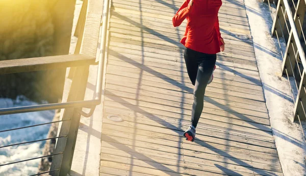 Top View Sporty Fitness Woman Runner Running Seaside Boardwalk — Stock Photo, Image