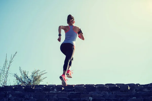 Büyük Duvar Üstüne Dağı Nda Çalışan Genç Fitness Kadın Runner — Stok fotoğraf