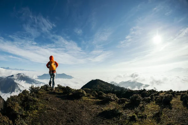 Senderista Exitoso Caminando Hermoso Paisaje Cima Montaña — Foto de Stock