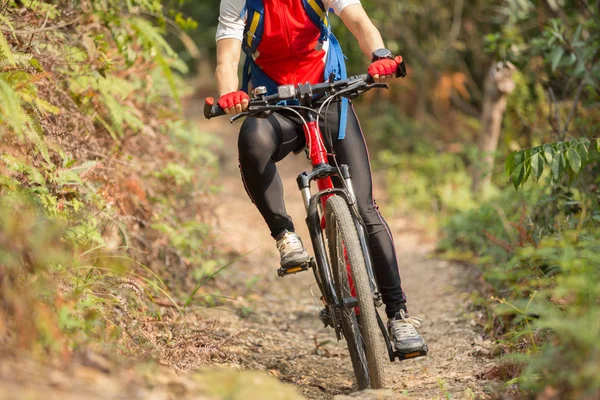 Γυναίκα Ποδηλάτης Πόδια Ιππασία Ποδήλατο Βουνού Εξωτερική Μονοπάτι Στο Δάσος — Φωτογραφία Αρχείου