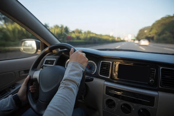 Driver Hands Wheel Driving Car City Street — Stock Photo, Image