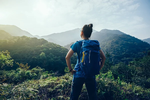 Vrouw Backpacker Genieten Van Het Uitzicht Het Bergdal Ochtend — Stockfoto