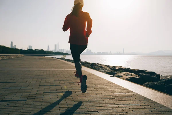 Sporty Young Fitness Woman Running Sunrise Seaside — Stock Photo, Image